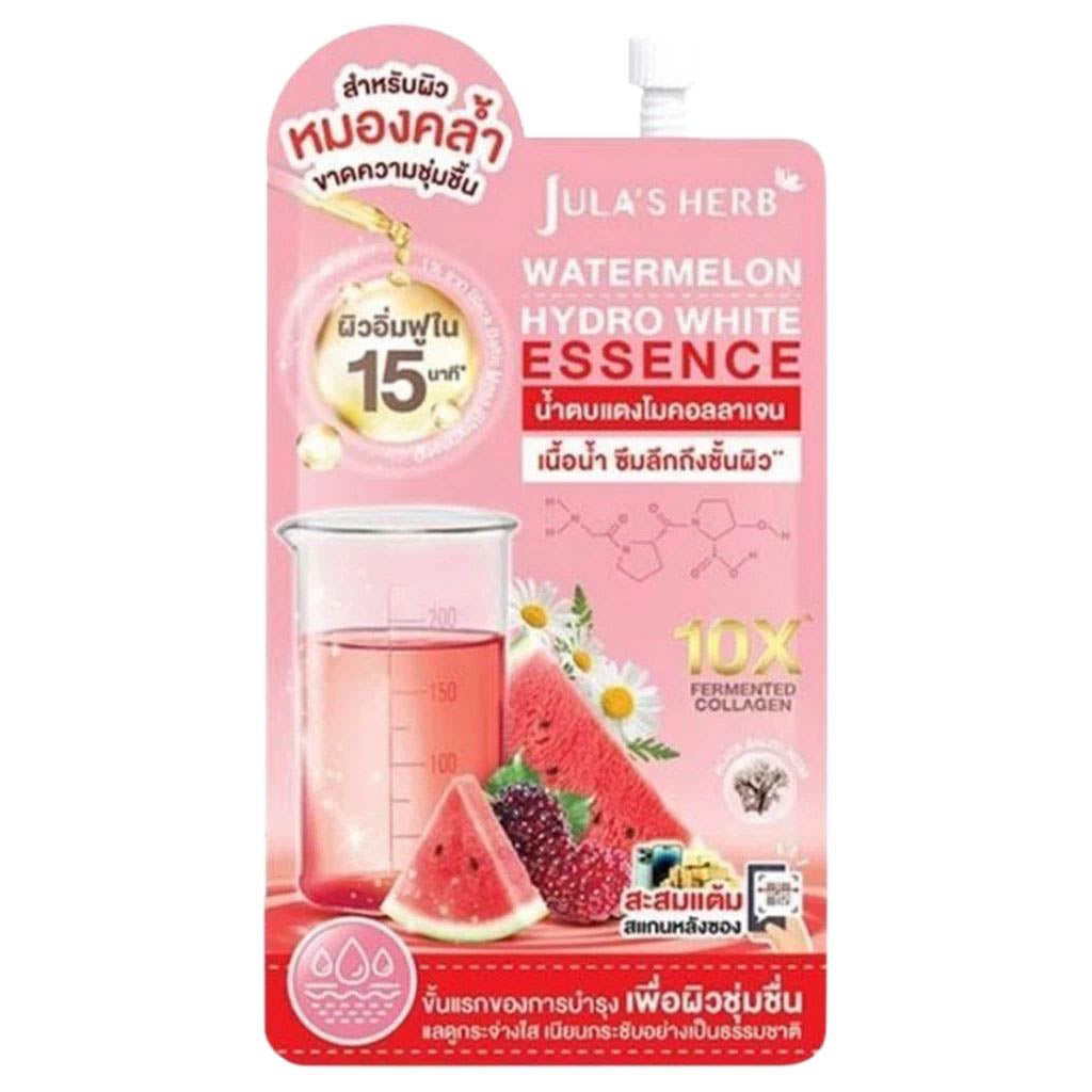 Jula's Herb Watermelon Essence 6x15g Hydro Bright Fermented Collagen packaging featuring watermelon and scientific elements.