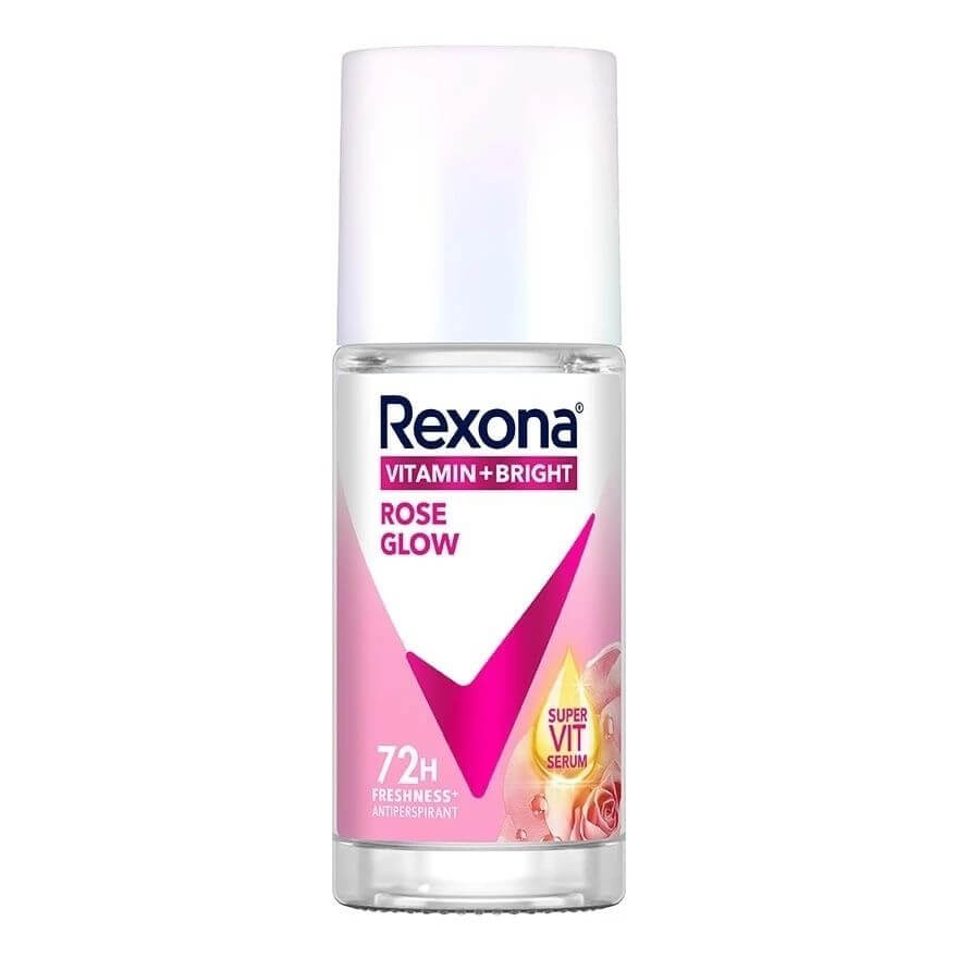 Rexona Rose Glow Roll On Advanced Bright Anti Perspirant Serum Care bottle with floral design and serum information