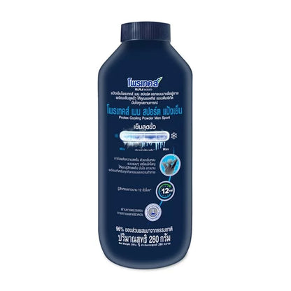 Back label of Protex Men Sport Cooling Powder displaying ingredients and usage details.