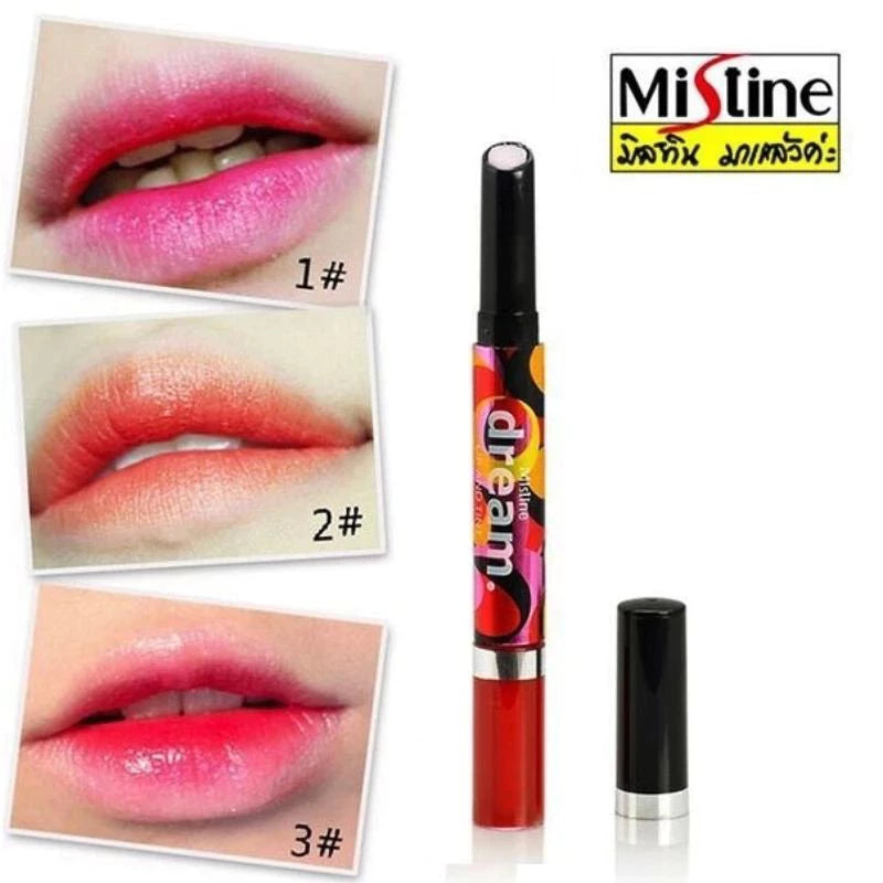 Mistine Dream Lip Tint swatches on lips Pink Allure Orange Appeal Red Aspire