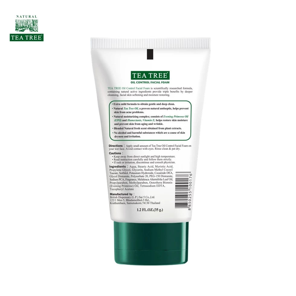 Tea Tree Natural Oil Control Facial Foam 35g back view showing ingredients and directions