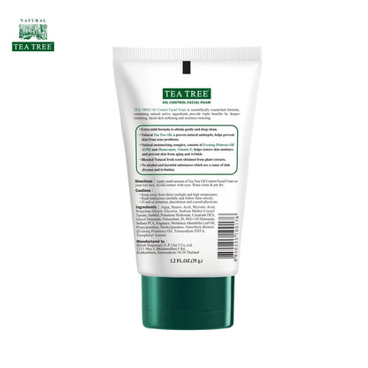 Tea Tree Natural Oil Control Facial Foam 35g back view showing ingredients and directions