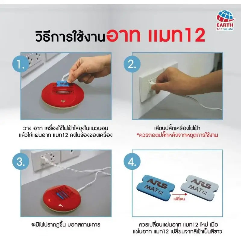 Step-by-step usage instructions for ARS MAT12 Mosquito repellent mats with images of setup and usage.