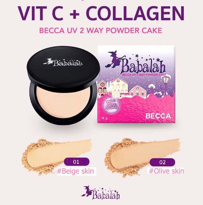 Babalah Becca Powder Cake packaging with shades for beige and olive skin tones, featuring Vit C and collagen benefits.