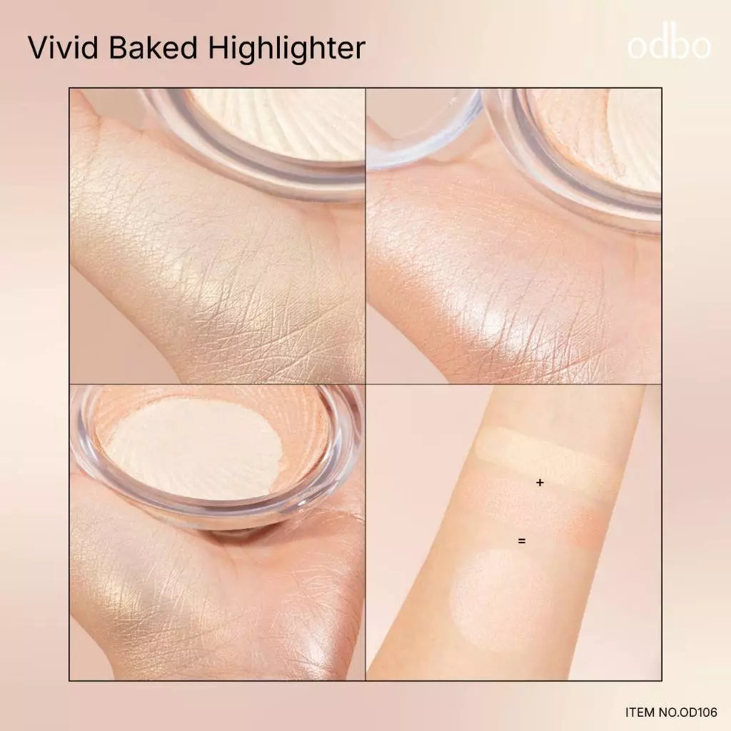 Odbo Vivid Baked Highlighter swatches showing radiant glow and shimmer finish on skin.