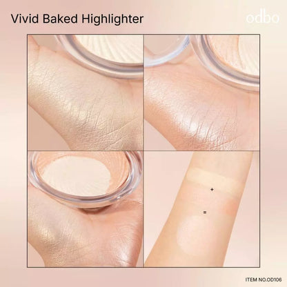 Odbo Vivid Baked Highlighter swatches showing radiant glow and shimmer finish on skin.