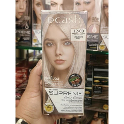 Dcash Master Supreme Hair Color Cream 12-00 Special Blonde Dye packaging held in hand, showcasing vibrant blonde hair color.
