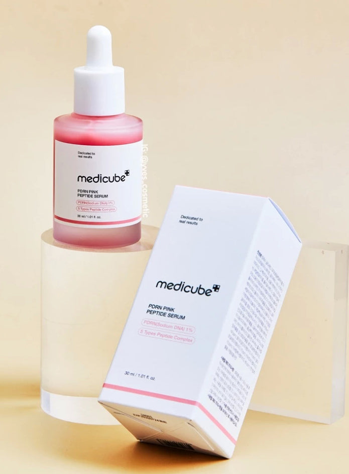 Medicube PDRN Pink Peptide Serum 30ml bottle and box flat lay display