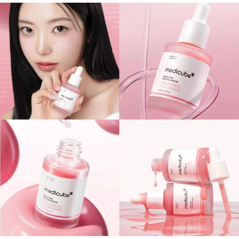 Model with Medicube PDRN Pink Peptide Serum 30ml and product set display