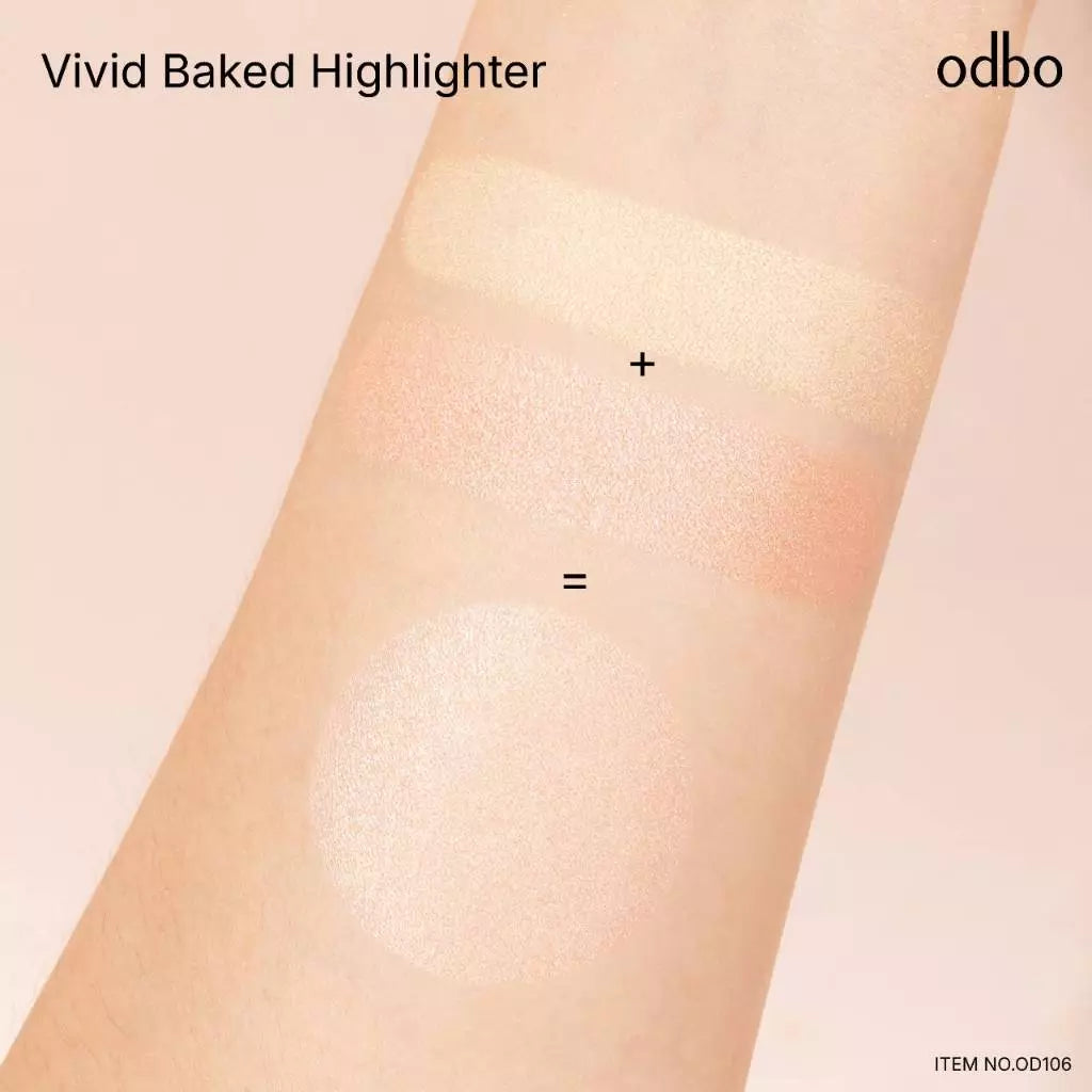 Odbo Vivid Baked Highlighter shade No.03 Golden Wink swatched on skin for radiant glow