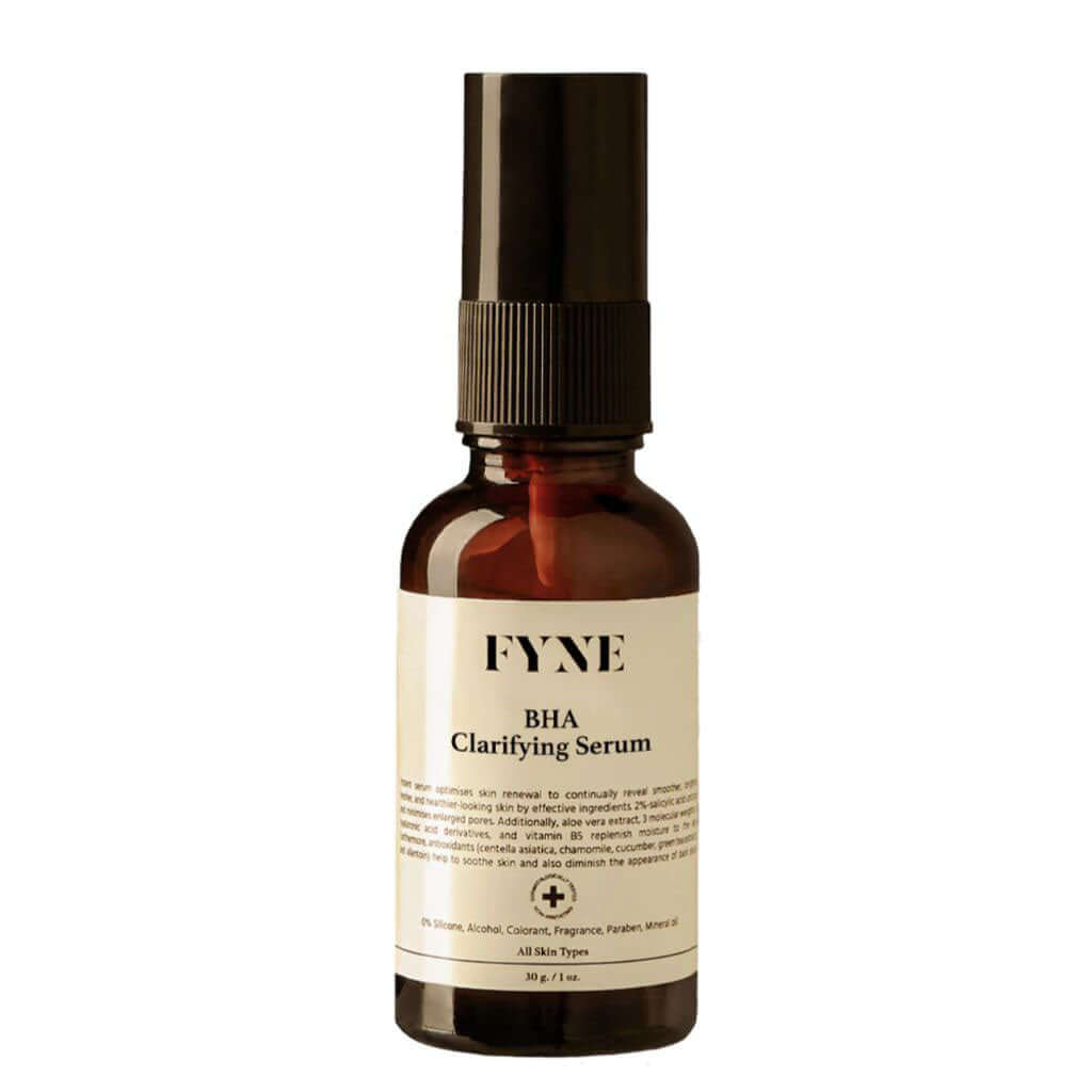 FYNE BHA Clarifying Serum bottle standing upright on a plain background