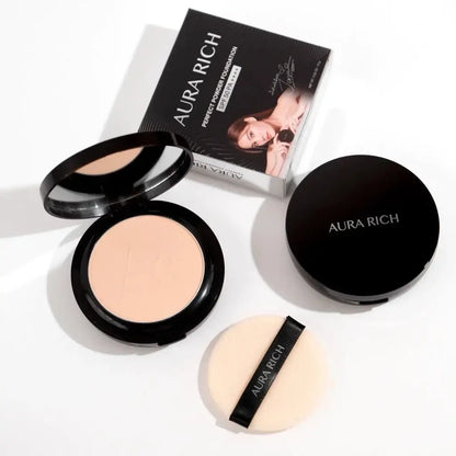 Aura Rich Powder Foundation compact powder set with puff and brush SPF50 PA++++