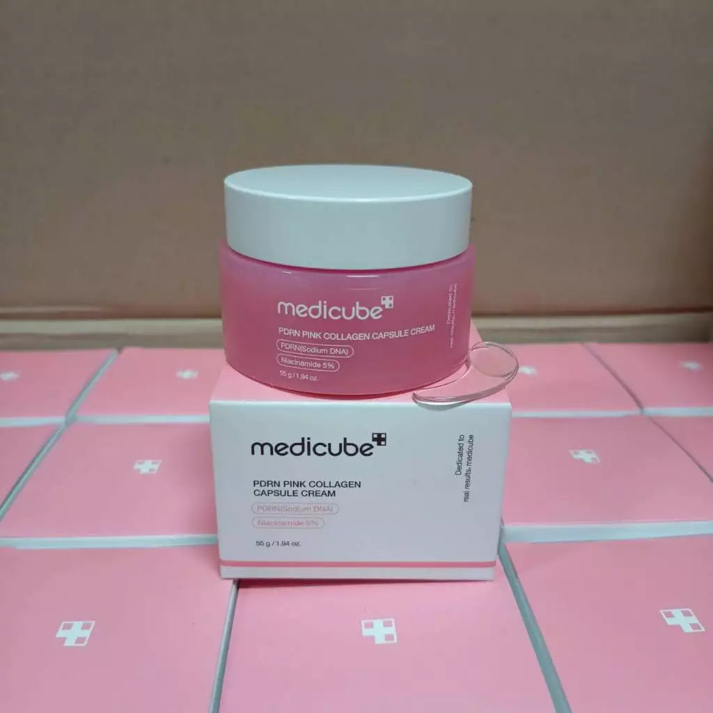 Medicube PDRN Pink Collagen Capsule Cream jar on pink background