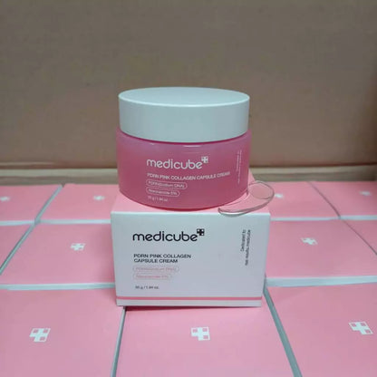 Medicube PDRN Pink Collagen Capsule Cream jar on pink background
