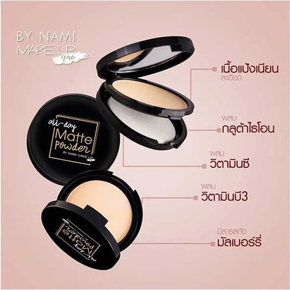 Nami All Day Matte BB Powder compact with puff and product details display