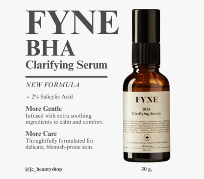 FYNE BHA Clarifying Serum product photo with ingredient and benefit details displayed