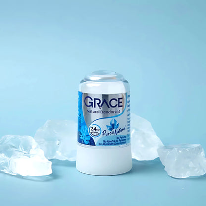 Grace Crystal Deodorant product with crystal alum and fresh concept background