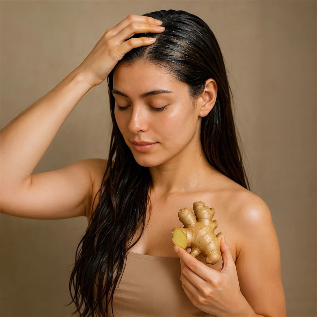 Woman applying Keing Pure Hair Serum ginger spray with a fresh scalp feel in a natural setting.