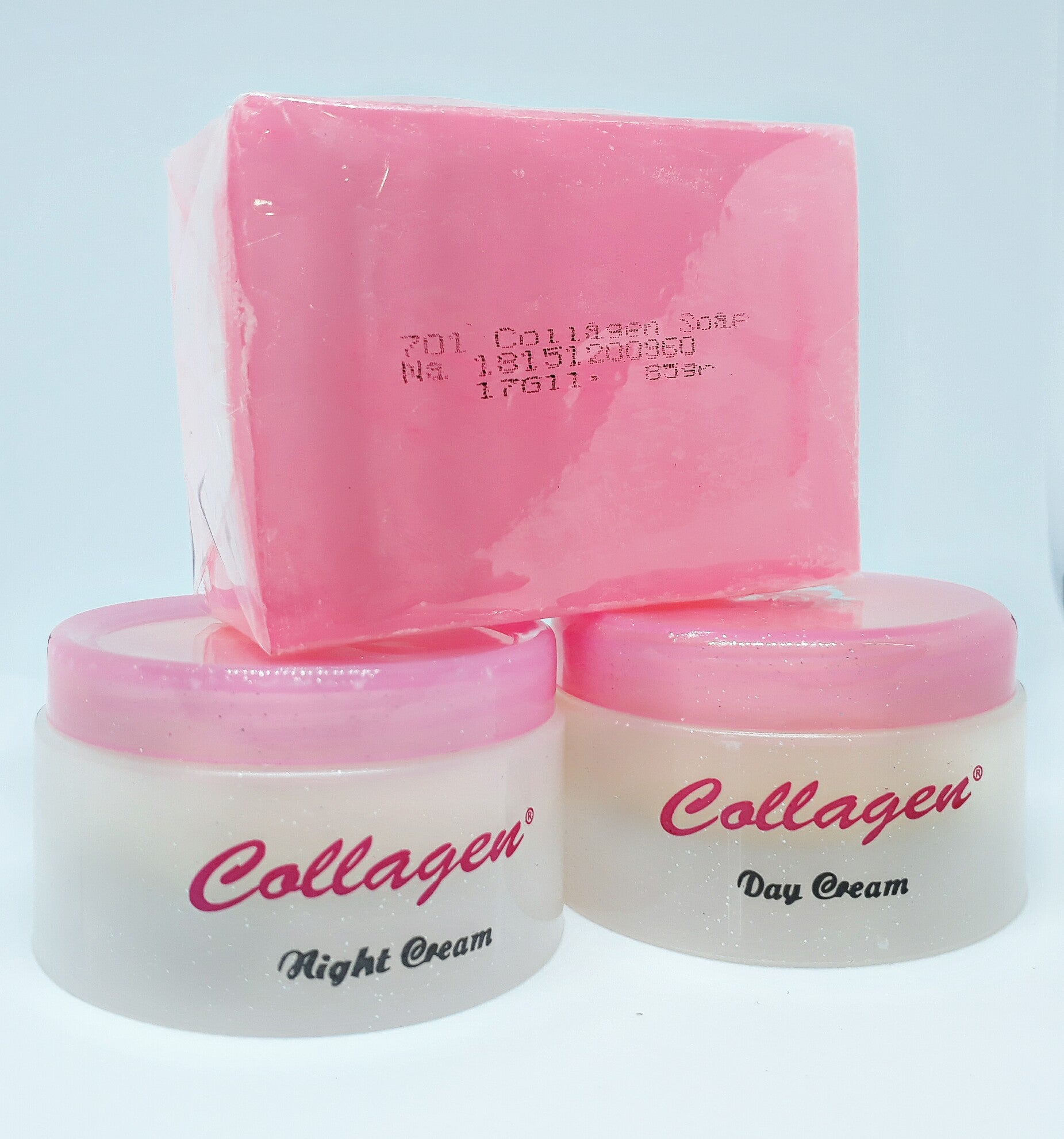 Collagen Plus Skincare Set soap and creams displayed on white background
