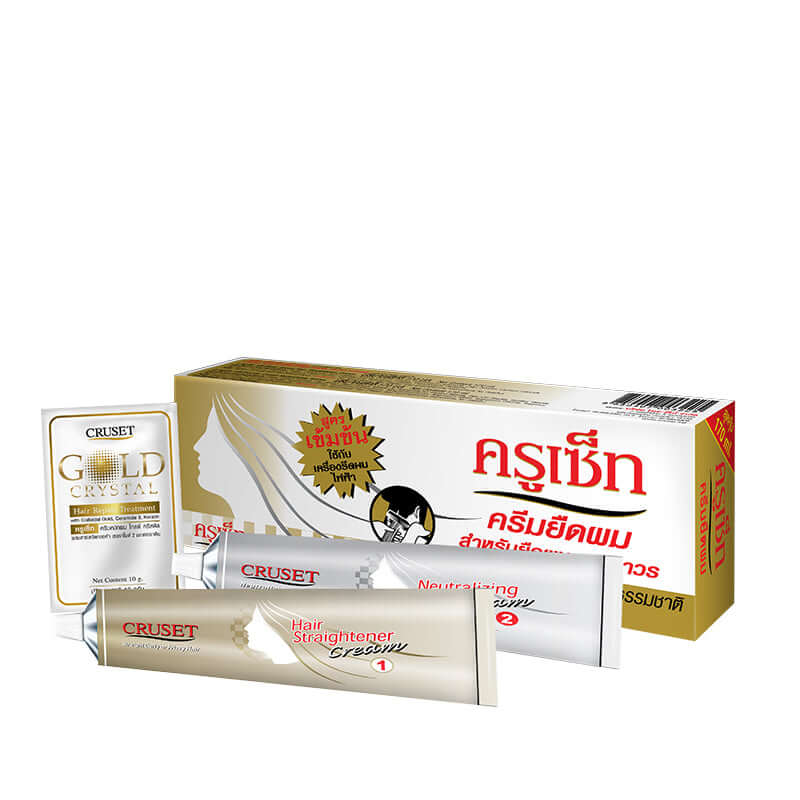 Cruset Hair Straightener Cream and Gold Crystal products for permanent hair straightening and smooth styling.