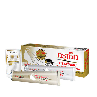 Cruset Hair Straightener Cream and Gold Crystal products for permanent hair straightening and smooth styling.