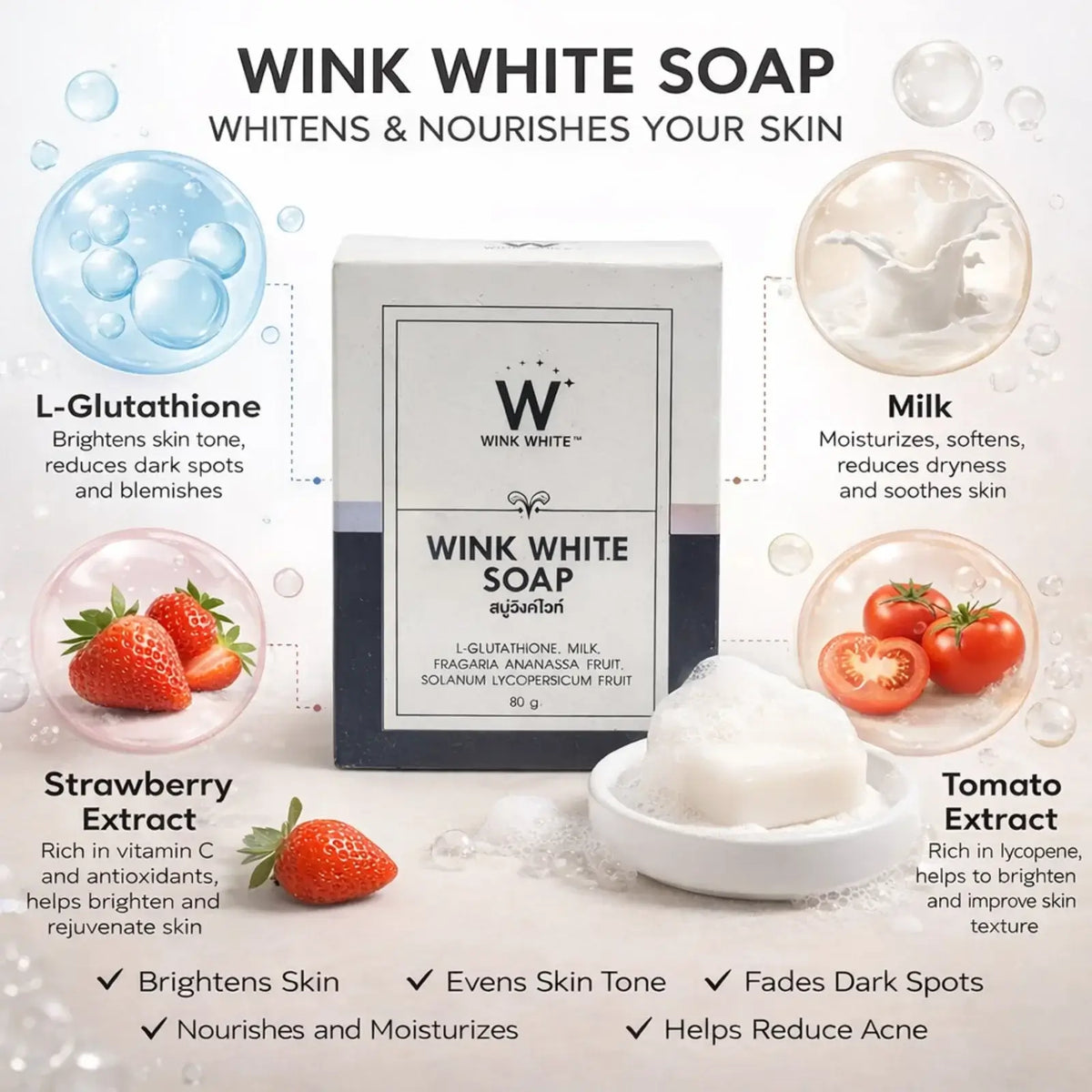 wink white soap infographic showing milk, glutathione, strawberry, and tomato ingredients