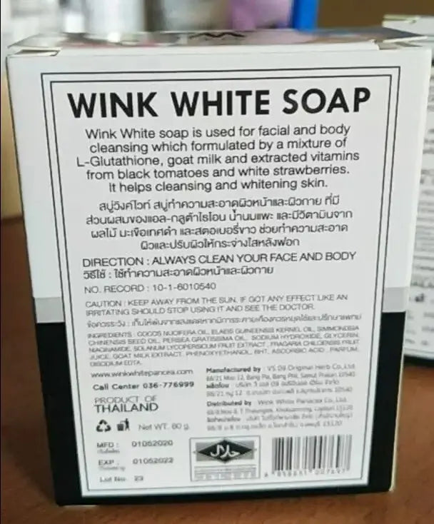 Back of wink white soap box showing product details, directions, and ingredients list
